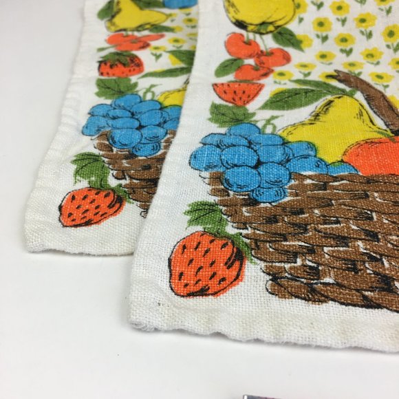 2 Vtg Retro Linen Cloth Fabric Rectangle Placemat Coffee Tea Fruit Flowers Theme - Picture 11 of 11